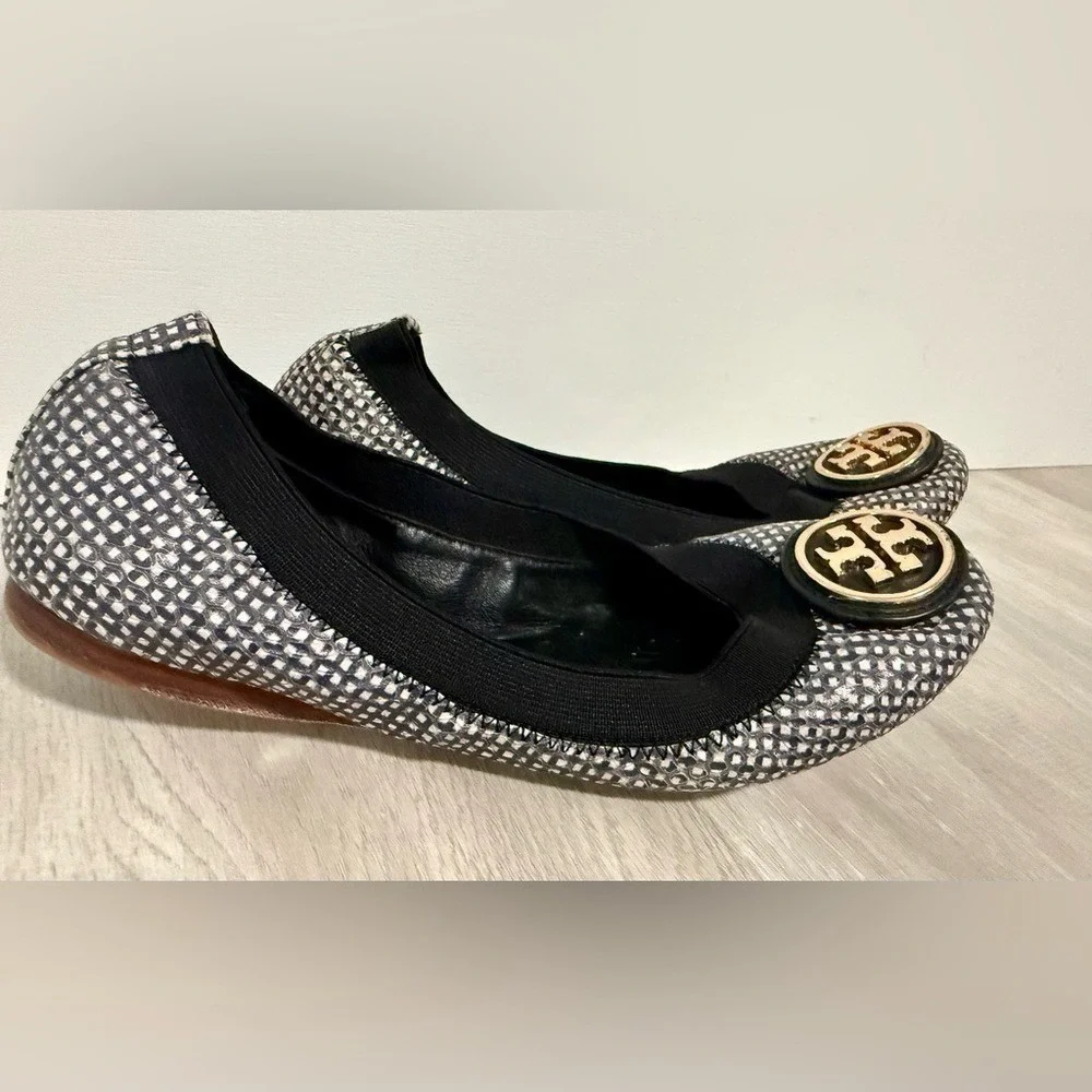 Tory Burch Ballet Flats Black White Checkered Logo Emblem Slip On Women US 5M